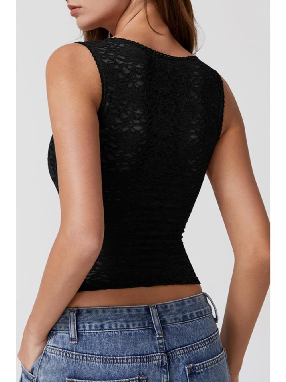 Women's Black Sleeveless Lace Trim Square Neck Double Layer Tank Tops - Picture 2 of 6